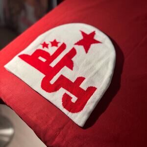 White Knit Beanie With Red Arabic Letters